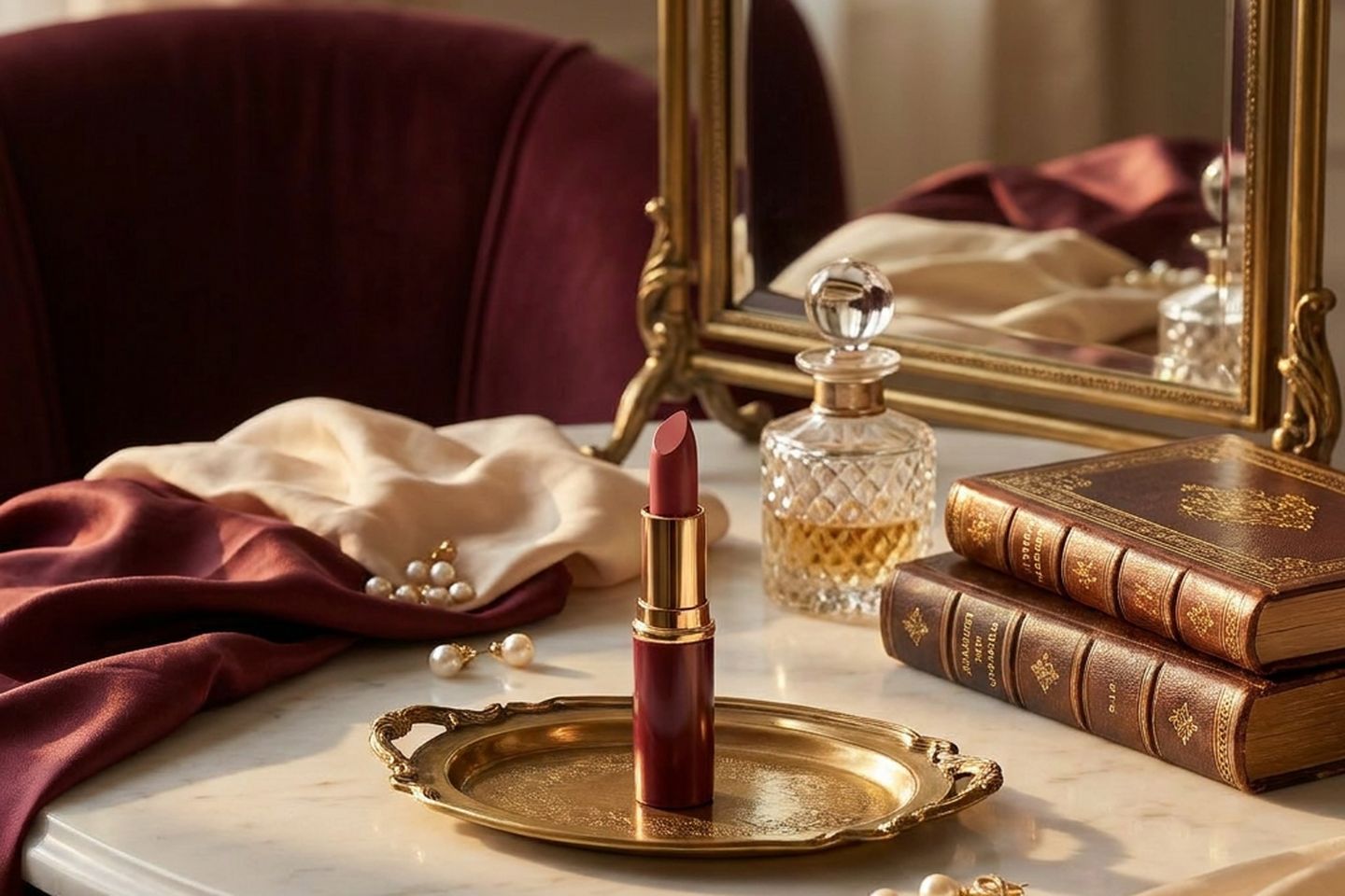 A lipstick on a polished gold tray, its reflection doubling the object