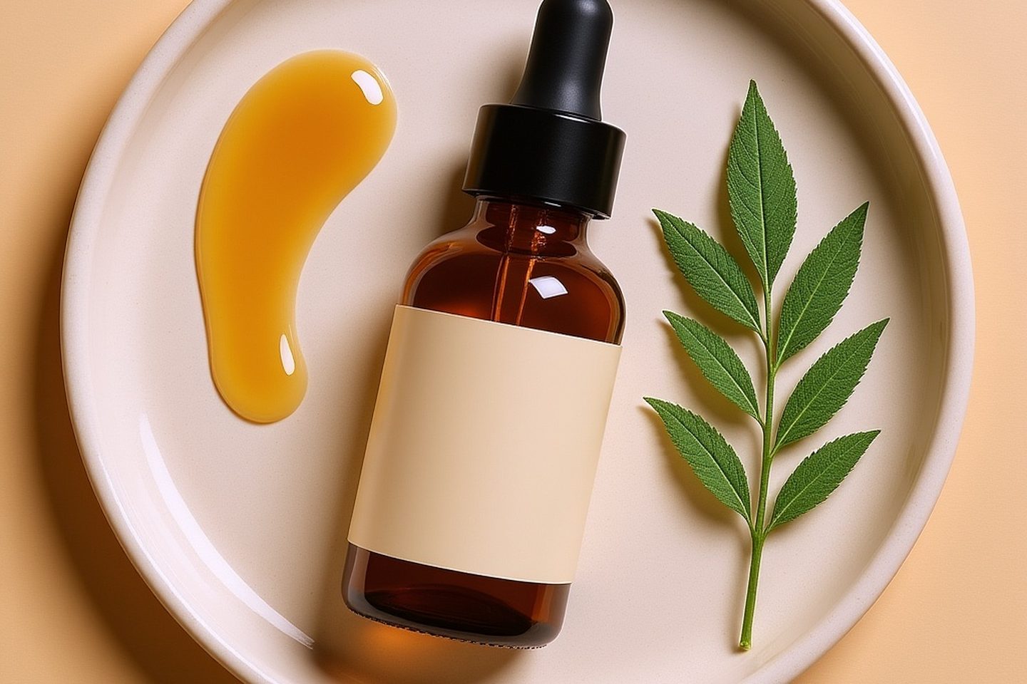 An amber dropper bottle lying on a cream ceramic dish, photographed from directly above on a warm peach ground, with a smear of oil on one side of it and a green leaf on the other