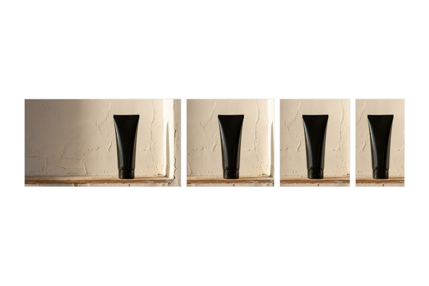 One photograph of a black skincare tube standing on a cream plaster ledge, shown four times at the same height in four shapes: wide 16:9, square, portrait 4:5 and full vertical 9:16. Each narrower frame keeps the tube and loses more of the wall.