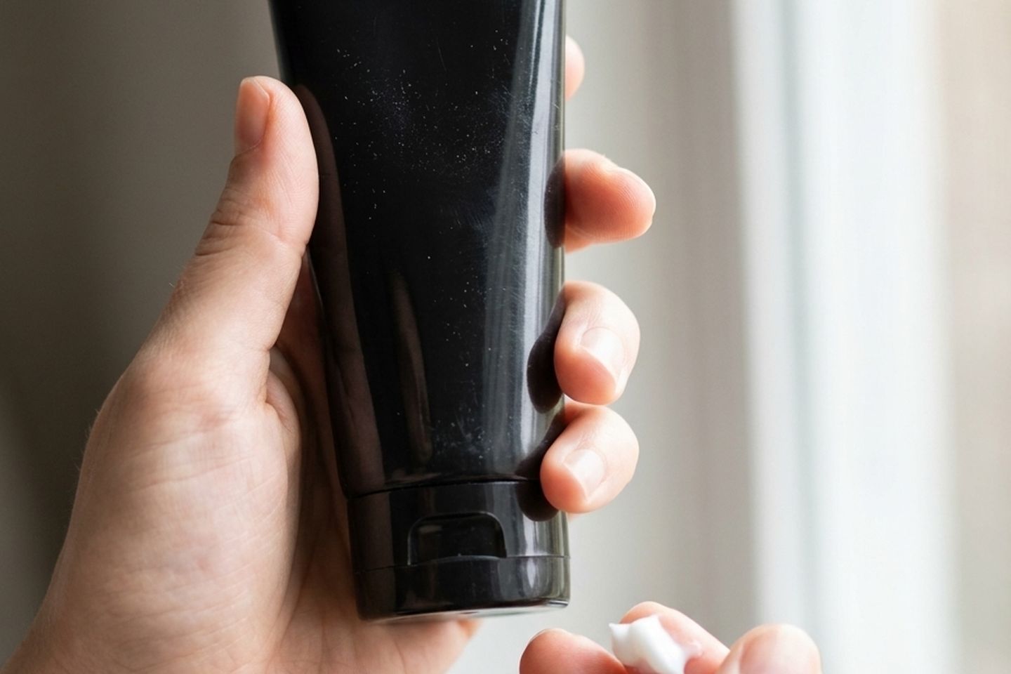 A skincare tube held in a hand, which gives the product a size the eye can read