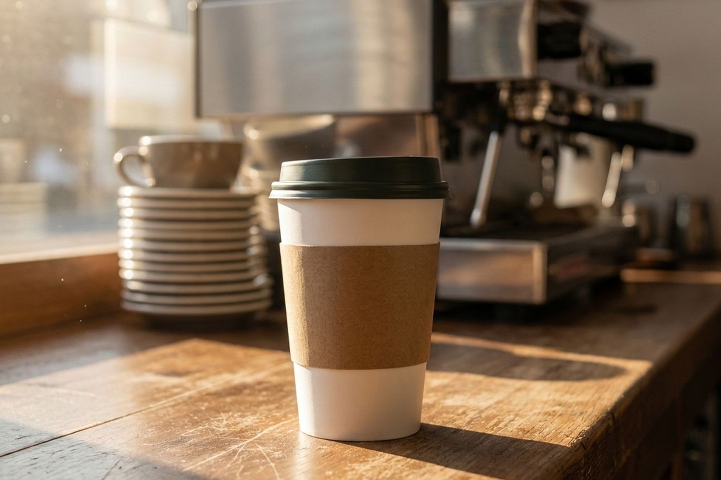 A takeaway cup on a cafe counter with the espresso machine behind it