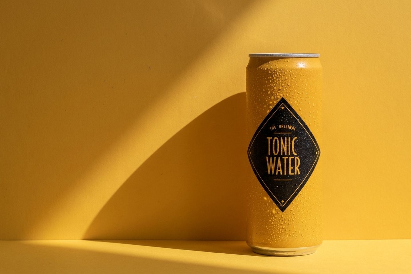 A drinks can against a plain yellow wall, casting a hard diagonal shadow