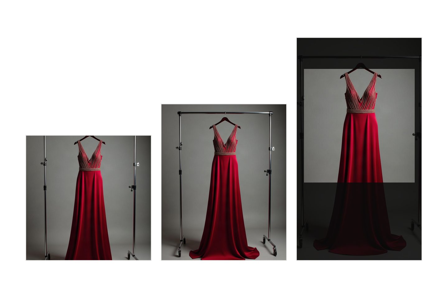 One photograph of a red gown on a garment rail, shown three times at the same width and at three heights: square, portrait 4:5 and full vertical 9:16. Dark bands are drawn across the top and the bottom of the vertical one, marking the part of the frame an app covers with its own interface.