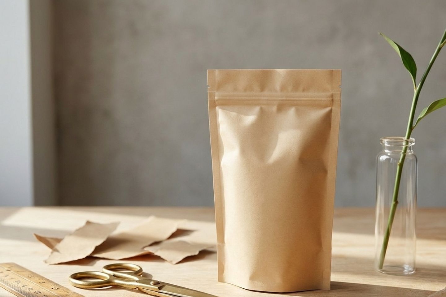A kraft coffee bag standing on a pale surface beside scattered paper and a sprig of green