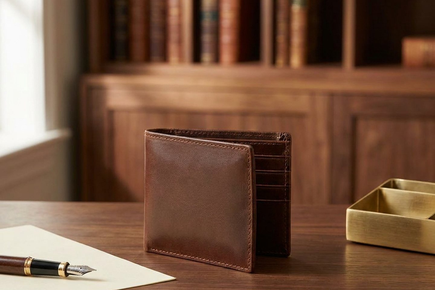 Generated scene of a brown leather wallet on a desk, with a blurred bookcase behind it whose book spines carry gilt marks that are not real words