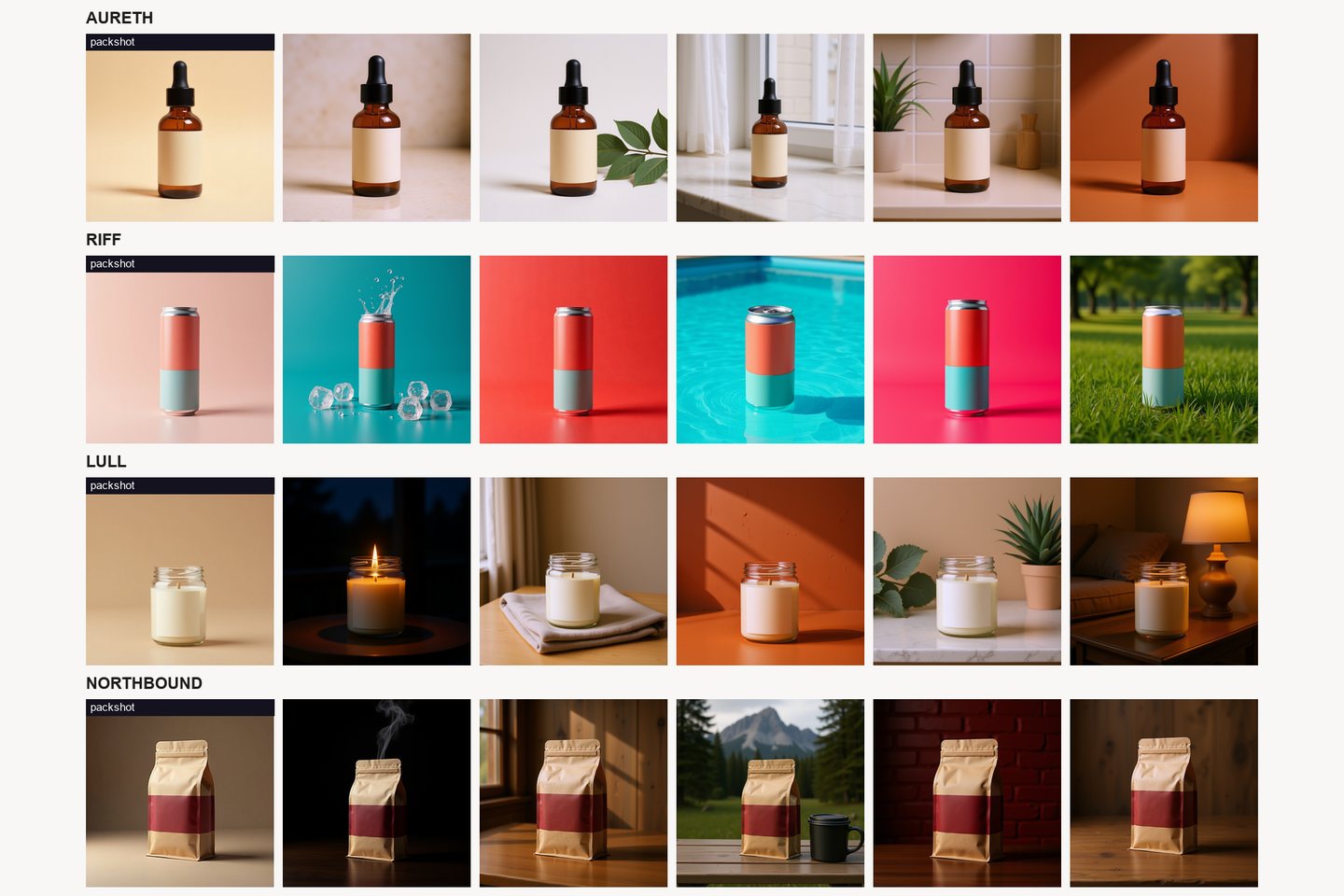 A contact sheet of four products, a dropper bottle, a drinks can, a candle and a coffee bag, each shown six ways across a row: a plain packshot first, then the same product in five different settings.